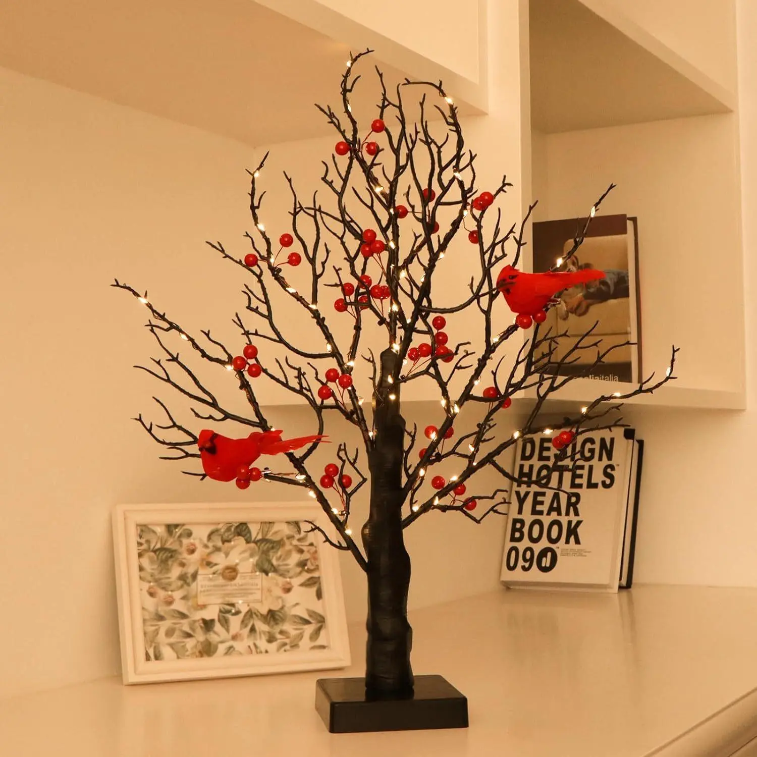 Enchanted Luminary Tree Vintage Centerpiece LED Warm White Lights Festive Home Décor Christmas Spring Festival Red Fruit Ornaments