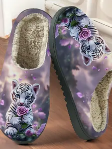 Cute Tiger Floral Printed Cotton Slippers, Soft Dreamy Style, Fuzzy Lining Anti-Slip Thick Sole, Home Warm Shoes for Men & Women Fall Winter