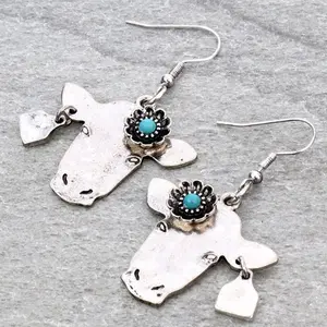 Western Flower Cow Head Dangle Earrings  Burnished Silver Color