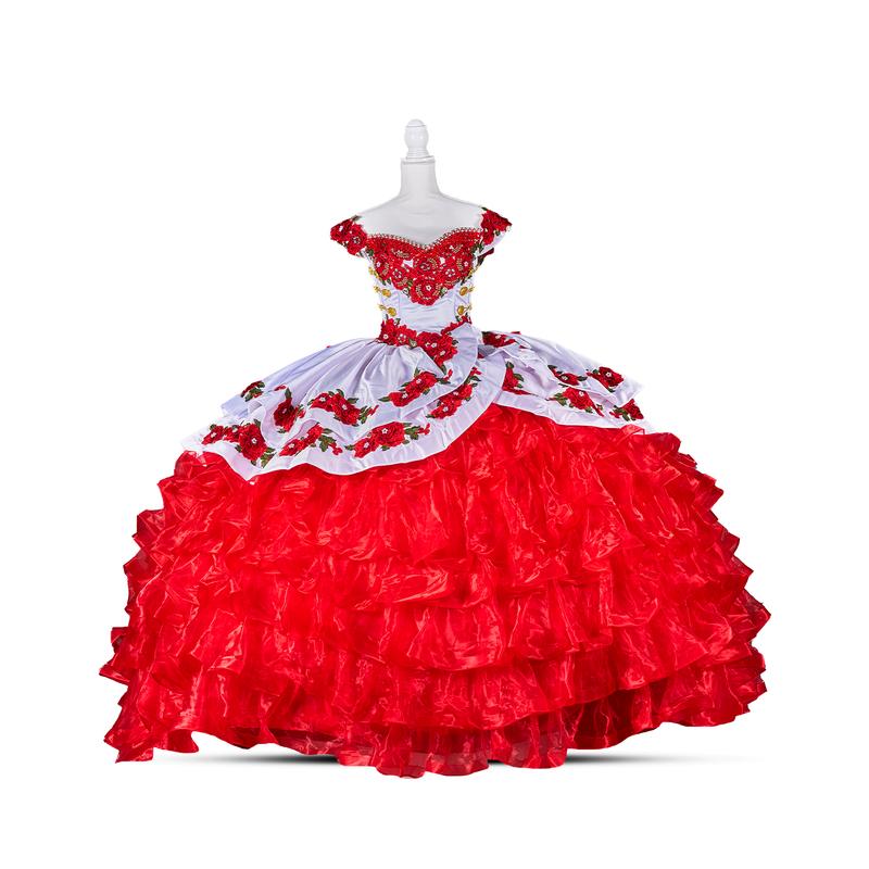 Charro Red – White & Red Mexican-Inspired Embroidered Ball Gown