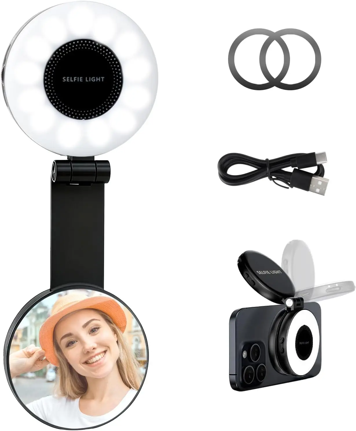 iPhone Magnetic Selfie Light with Mirror - Foldable Magnetic Fill Light Strip withAdhesive Ring Suitable for Android rechargeable portable phone ring lights. Ideal forselfies,videos, and makeup.、Vlog、Tiktok、CRl95
