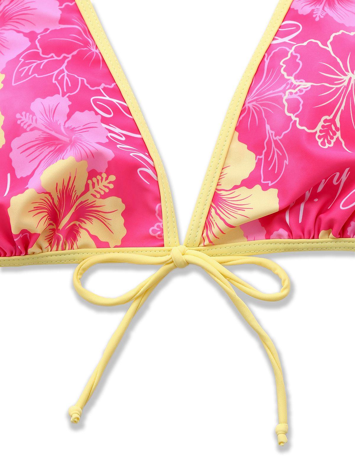 Pink 1960s Tropical Floral Print Tie-Front Layered Hawaii Bikini Set