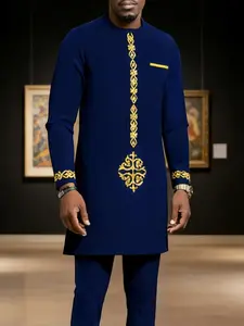 Men's Dashiki Set, Round Neck Long Sleeve Printed Top with Zipper Shoulders, Drawstring Pants, Casual Wear for All Seasons