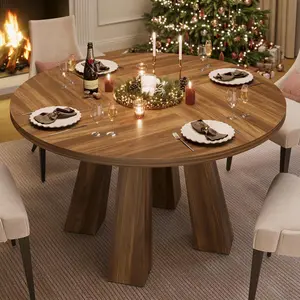 Garvee Round Dining Table, 47-inch Farmhouse Style, Seats 4-6, Sturdy Pedestal Base, Walnut Finish, Perfect for Dining or Living Room
