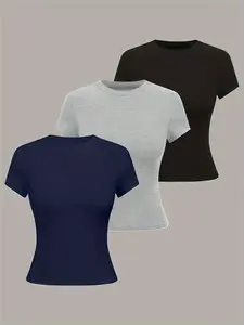 Women's Lady Casual Basic Minimalist Aesthetic Round Neck Short Sleeve T-Shirt Set, Pure Color Summer Top, Comfortable Everyday Wear, Pack of 3, Casual Fashion Tee