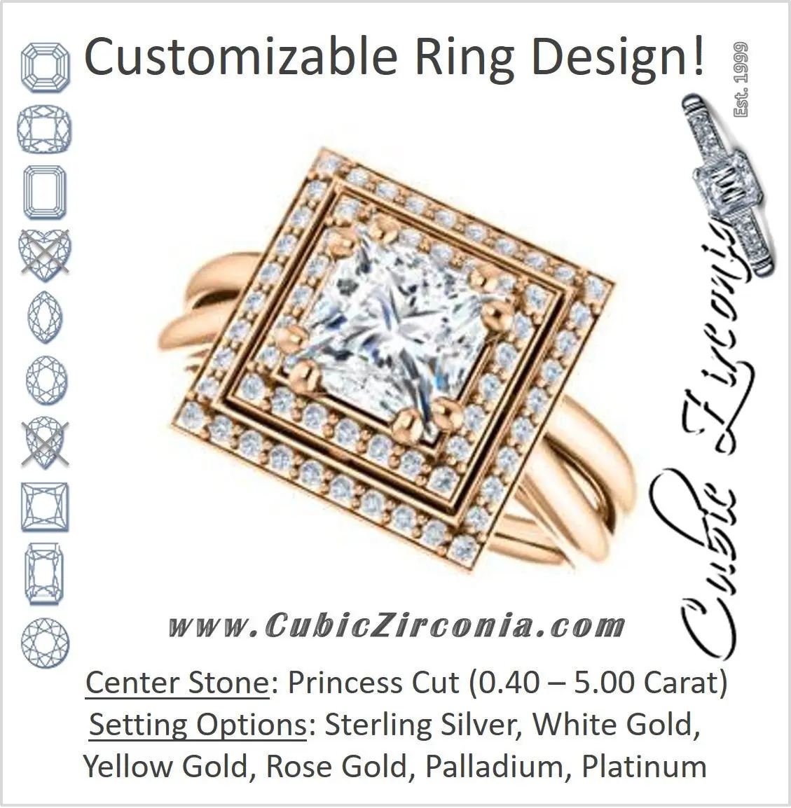 Cubic Zirconia Engagement Ring- The Brielle (Customizable Princess Cut Cathedral Double-Halo with Curved Split-Band)