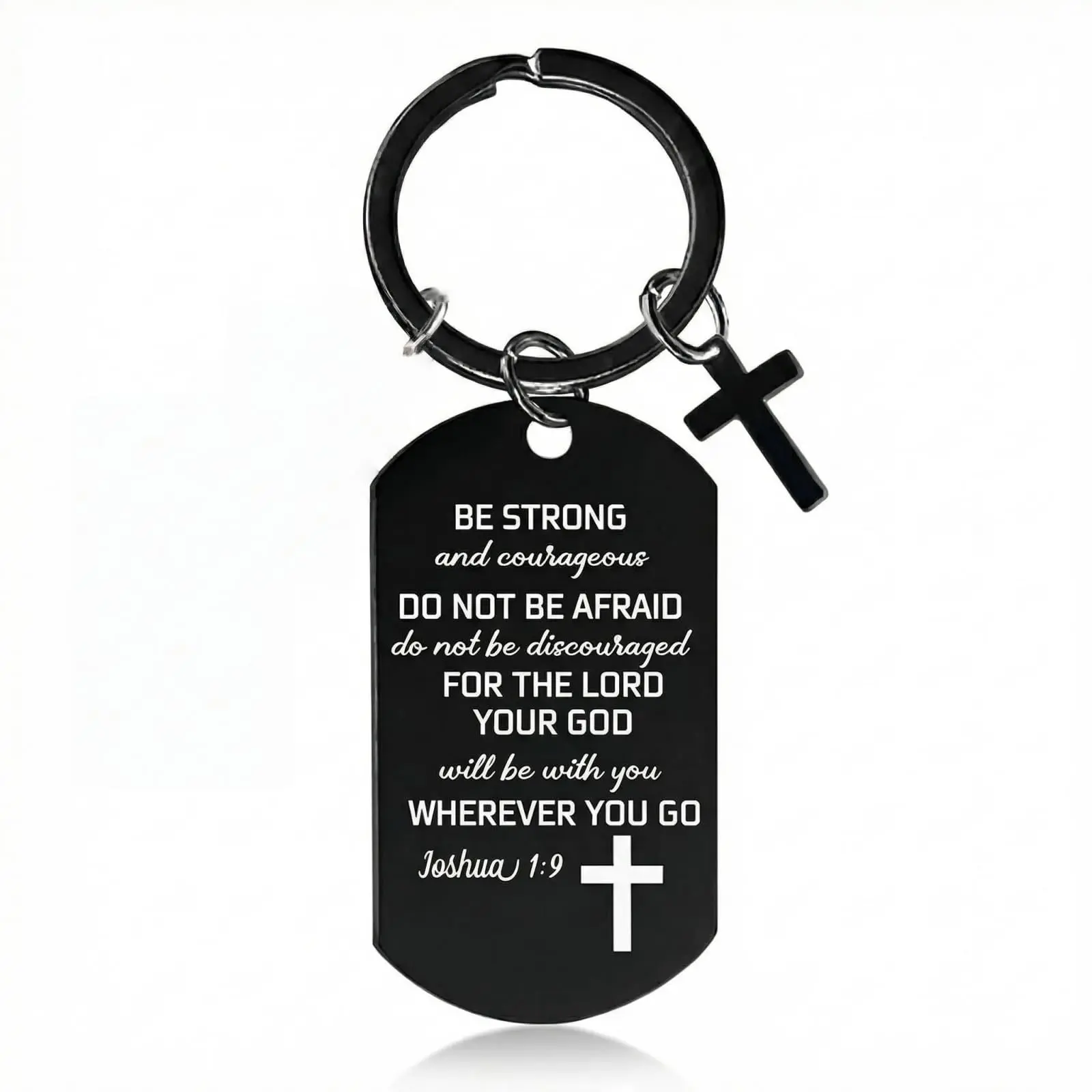 Christian Dog Tag Keychain for Men, Black Stainless Steel with Engraved Joshua 1:9 Scripture & Cross, Inspirational Faith Gift for Baptism, Confirmation, Christian Symbol Keychains, Cross Engraving Keychains