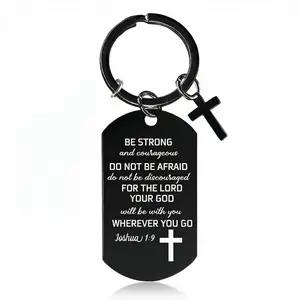 Christian Dog Tag Keychain for Men, Black Stainless Steel with Engraved Joshua 1:9 Scripture & Cross, Inspirational Faith Gift for Baptism, Confirmation, Christian Symbol Keychains, Cross Engraving Keychains
