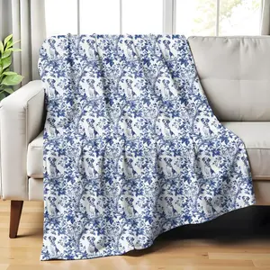 Jack Russell Blue French Toile Blanket, Blue Toile Throw Blanket for Terrier Dog Lovers, Toile de Jouy Gift, Dog Toile Cozy Plush Blanket