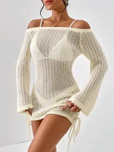 Women's Plain Hollow Out Off Shoulder Scallop Trim Flounce Sleeve Cover Up Dress without Bikini Set, Casual Tie Side Long Sleeve Beach Dress, Ladies Summer Clothes