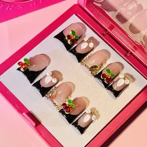 DiDazzle 10 PCS Handmade Duckbill Press - on Nails | CherryPawGlam with Acrylic 3D Cherries, Paw Prints & Gold Rhinestone Accents