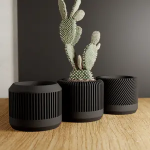 Black Planter SET of 3 with Drainage Holes and Drip Trays, 3D Printed Modern Design, Perfect Plant Pots for Succulents and Cactus