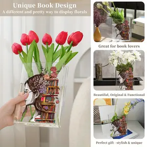 1pc Motivational Book Lover'S Vase Clear Acrylic Tabletop Flower Vase with Bookshelf & Reading Glasses Design Elegant Book Themed Centerpiece for Wedding