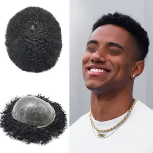 US PU Afro Men Hair Units Full Poly Men Hair Piece for African American Men PU Injection Men Hair System for Black Men 8x10 120% Density