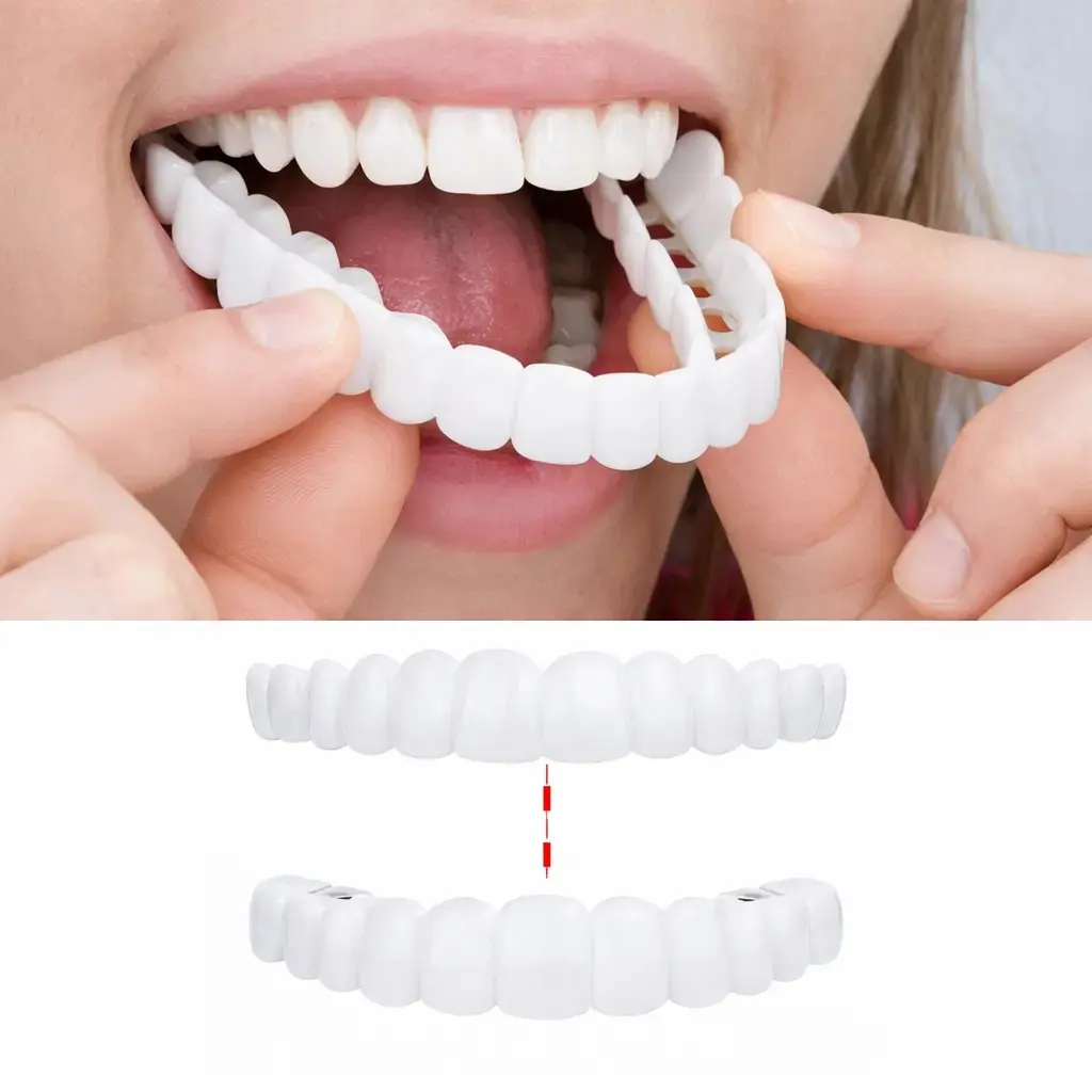 [3PC] Instant Veneer Dentures - Temporary TeethRestoration Kit Cosmetic Braces Snap-On Smile TeethClamp Top and Bottom
