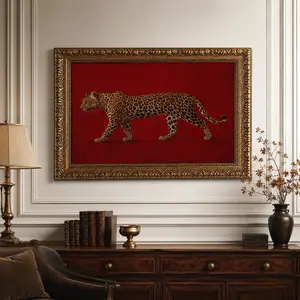 Red Leopard Oil Painting - Framed Poster, Old Money Wall Art, Burgundy Vintage Artwork, Maximalist Print, Luxe Masculine Room Decor