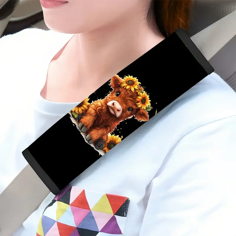 1pc 9.8x11.3 Inch Highland Cow and Sunflower Car Seat Belt Shoulder guard cover, Car Decoration, Car Interior Accessories, Car Accessories Cute, Universal Size, Comfortable and Stylish, Installation and Removal, Ideal Gift for Car Enthusiasts, 1.23CYJ-12