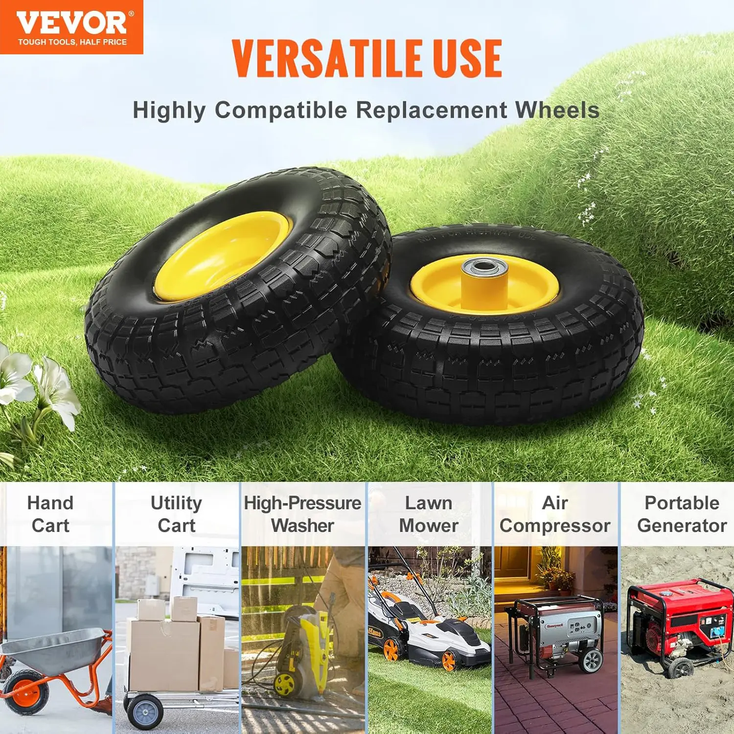 VEVOR Solid PU Run-Flat Tire Wheel, 10", 2-Pack, 180-400 lbs Dynamic Load, 450 lbs Static Load, Flat Free Tubeless Tires and Wheels for Hand Truck, Utility Cart, Dollies, Garden Trailers, Various Carts