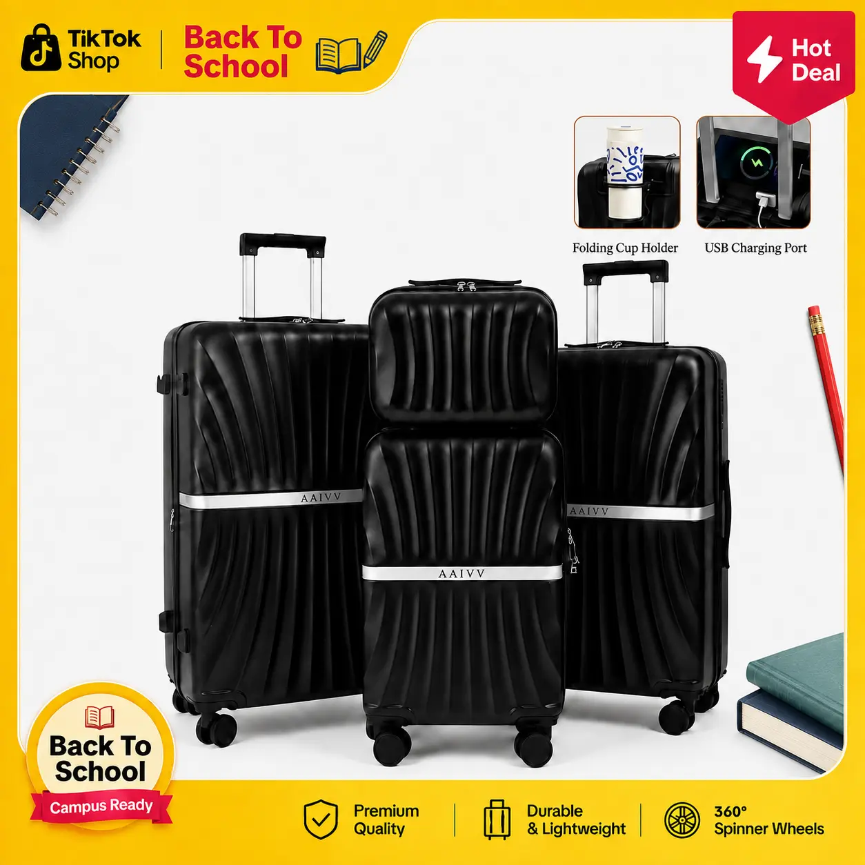AAIVV 4-Piece Luggage Set Expandable ABS Travel Suitcase Set Dual Spinner Wheels TSA-Approved Lock Durable Hard-Shell Travel Set (13/20/26/28 Inches) Top Back-to-School Gift Choice summervibes backtoschool