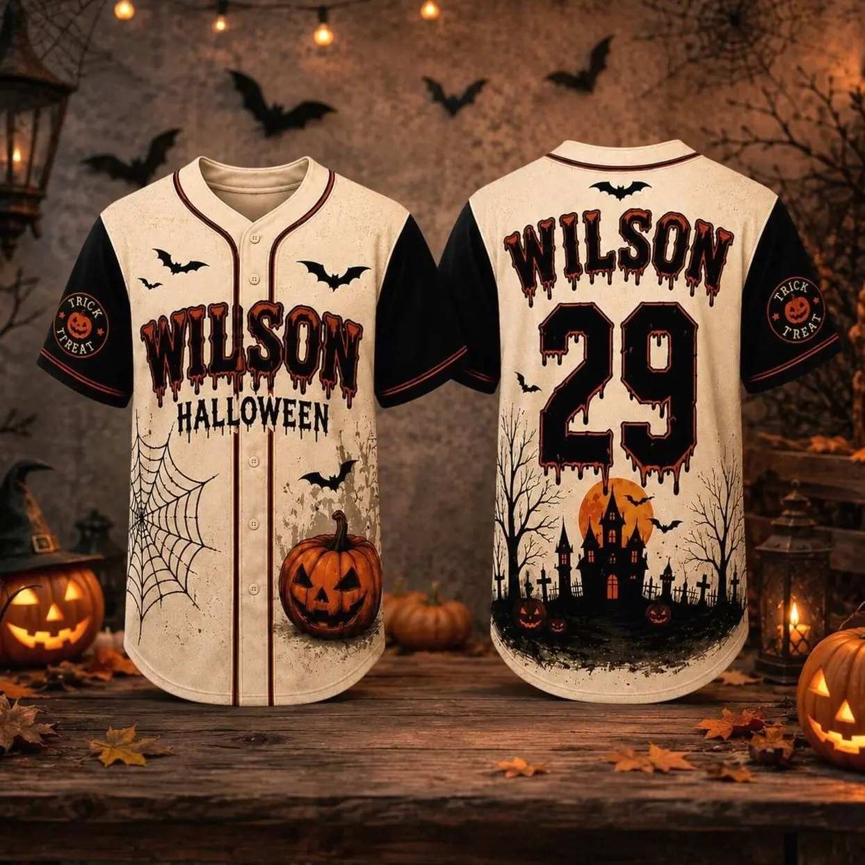 Custom Haunted House Baseball Jersey, Personalized Name Number Halloween Shirt, Pumpkin Bat Jersey, Matching Family Costume Outfit