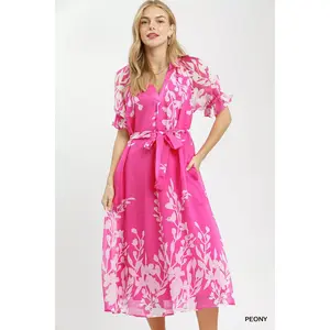 Umgee Floral Print Tie Waist Midi Dress with Side Pockets