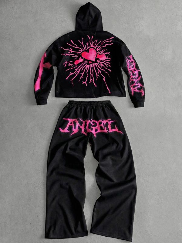 Tiktok Trendy Y2K Style Angel Hoodie & Long Pants Set, Unisex Fall Winter Fleece Sweatshirt, Streetwear Gothic, Couples Fashion Gift