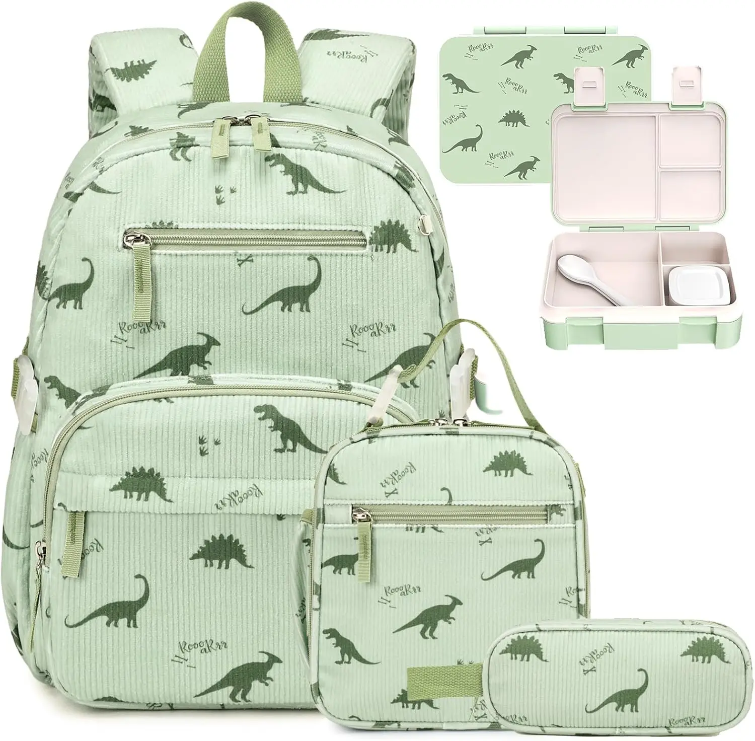 Corduroy Toddler Backpack for Boys with Bento Box - 4PCS 15inch Boys Backpack for Preschool Kindergarten Daycare - 34oz Leakproof Lunch Box Kids Back to School Gift(Green Dinosaur)