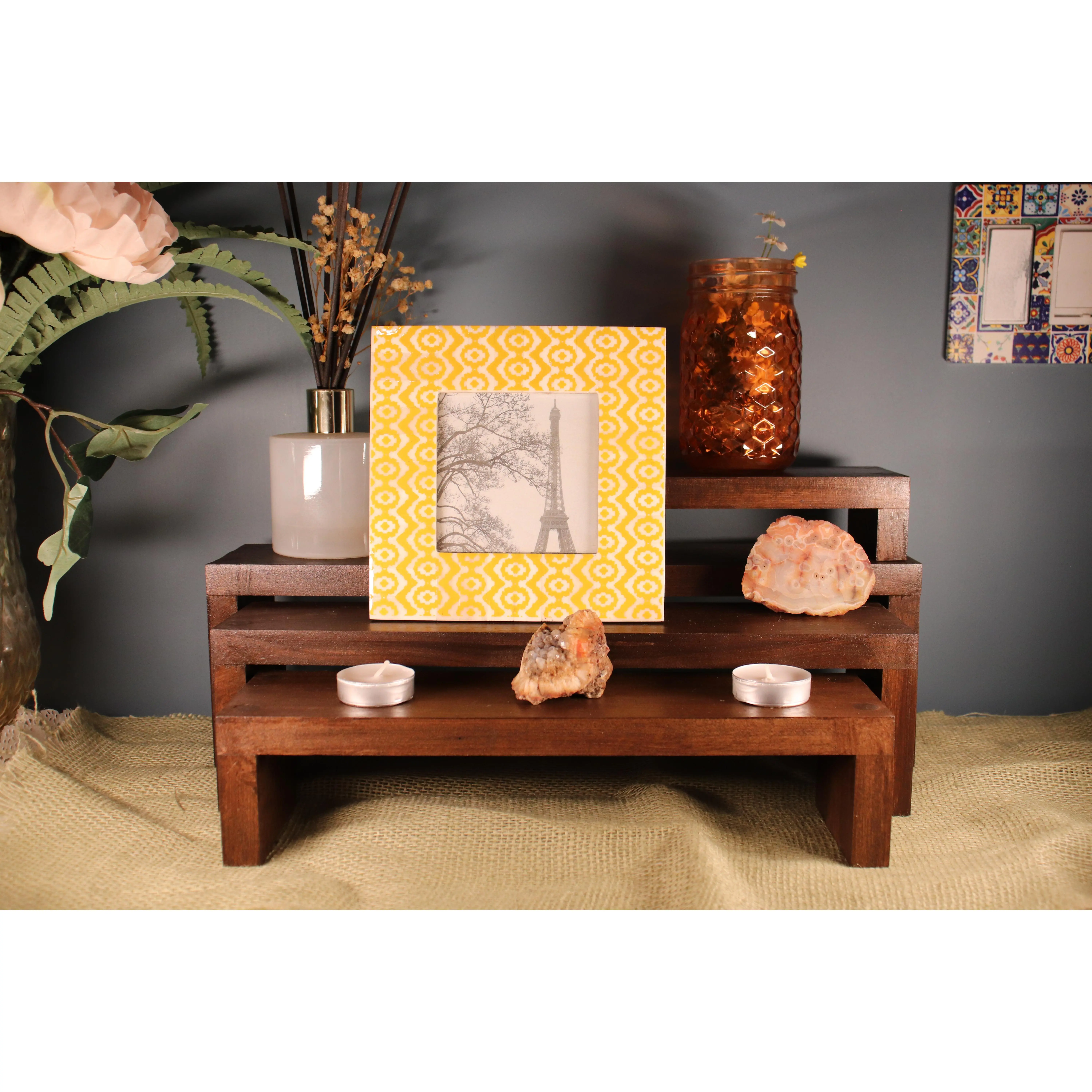 Wood Display Risers - Multi-Level Decorative Shelf for Home Decor & Storage - Perfect for Framed Art, Decorative Items & More