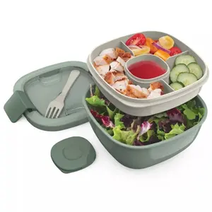 Salad Stackable Lunch Container with Large 54oz Bowl, 4-Compartment Tray & Built-In Fork Color Khaki Green