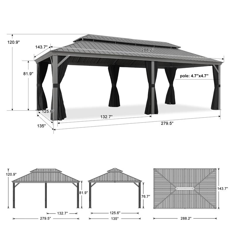 PURPLE LEAF 12' x 24' Patio Gazebo For Backyard | Hardtop Galvanized Steel Light Grey Frame With Upgrade Curtain