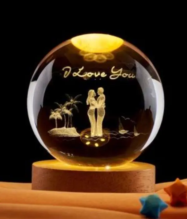 K9 Crystal Ball 3D Engraved Couple Lover Decor, 2.4in/60mm Color-Changing LED Night Light with Wooden Base, Romantic Anniversary Valentine’s Day Gift for Partners