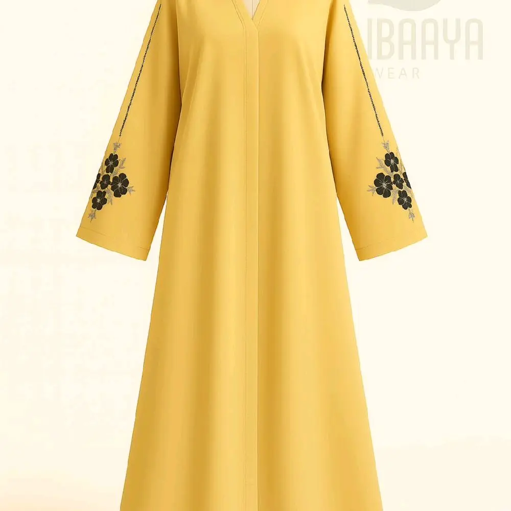 Elegant Mustard Yellow Open Front Abaya | Floral Sleeve Detail | Modest Dubai Style