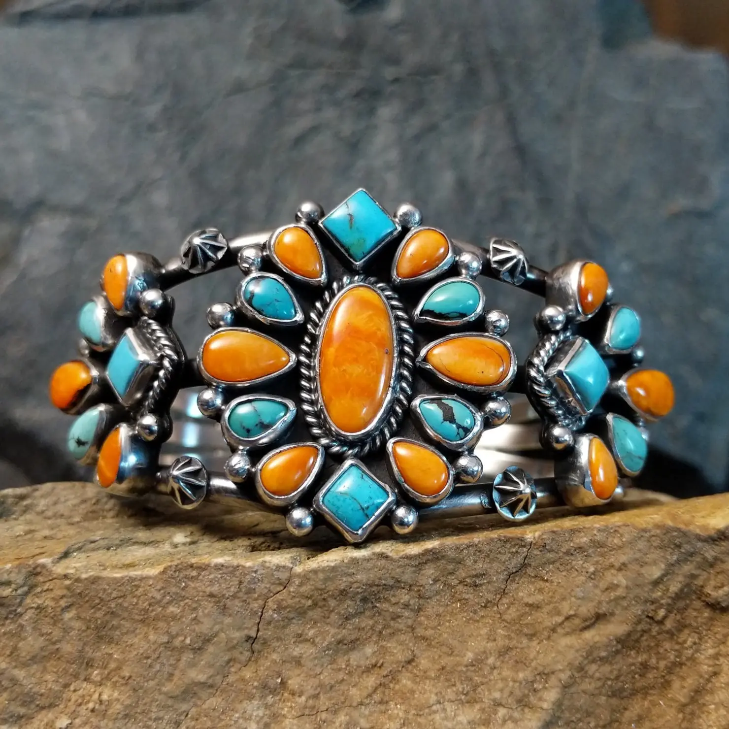 Turquoise & Orange Spiny Oyster Shell Cuff by Terry Wood GJ-BRC-0003