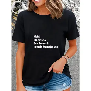 Bold Statement| Women's "Fish & Plankton & Sea Greens & Protein from the Sea" Graphic T-Shirt - Casual Black Tee with Short Sleeves, Round Neck, Machine Washable Top Womenswear Streetwear Summer Crewneck Shortsleeve vintage graphic tees
