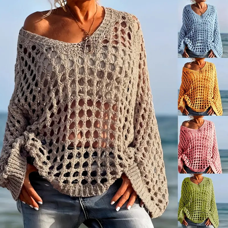 Women's Oversized Crochet Knit Sweater - Sexy Hollow Out V-Neck Long Sleeve Pullover - Boho Beach Cover Up Mesh Net Knitwear Top, Trend, Bikini