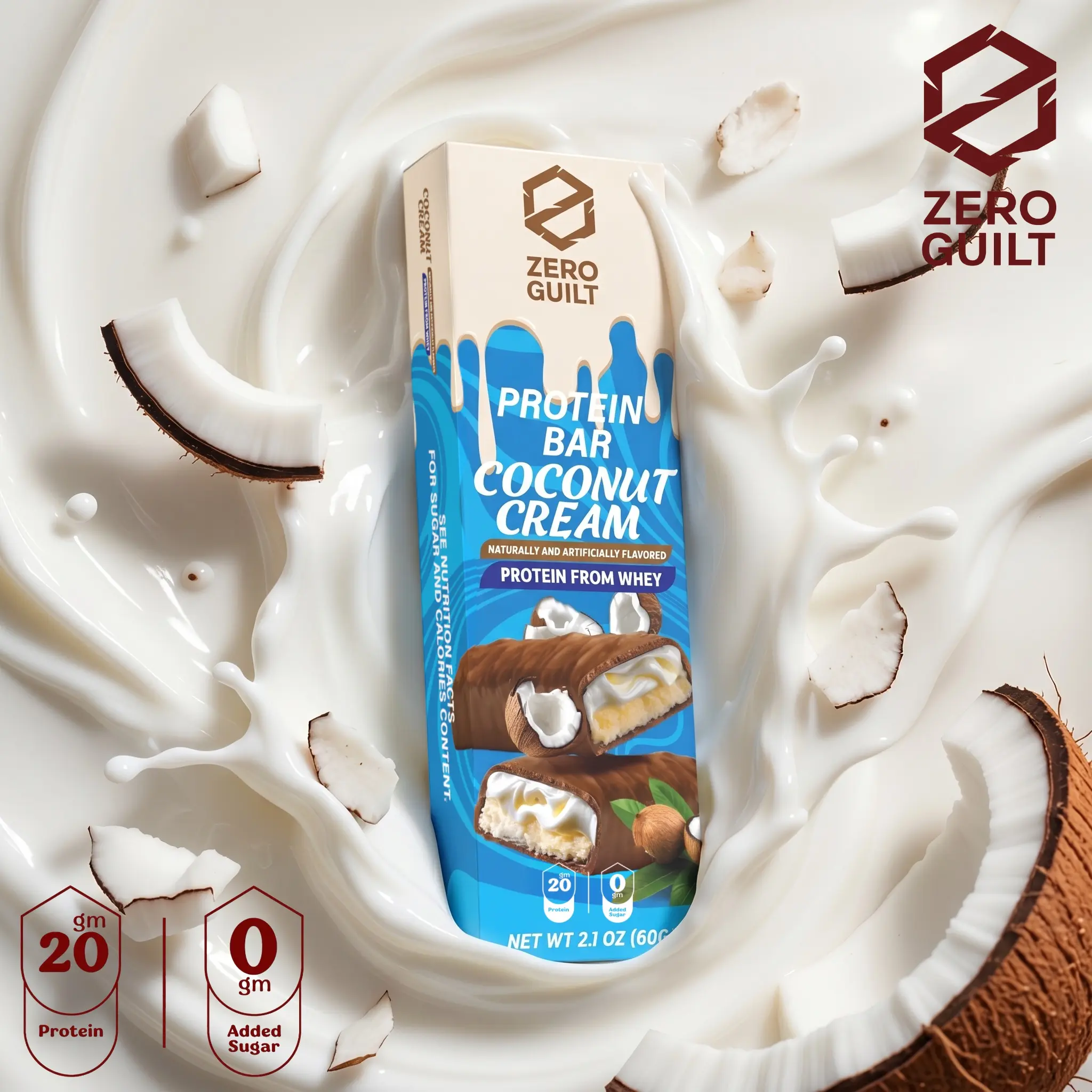 ZERO GUILT Coconut Cream 20G Protein Bar, ZERO Added Sugar, 60g Net Weight - 12 Pack