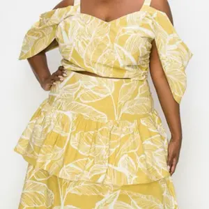 Leaf Print Off Shoulder and Skirt Set - Yellow Top & Skirt, Floral Design, Stylish Women's Wear for Summer - Womenswear Clothes