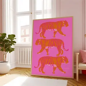 Tiger Painting Animal Print, Pink And Orange Wall Art, Preppy Dorm Room Decor, Aesthetic Tiger Poster, Retro Trendy Maximalist Wall Art