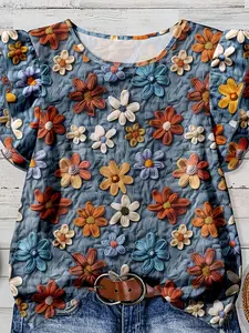 Plus Size Women's Floral Print Flutter Sleeve Top, Vintage Blue Background Colorful Flowers Round Neck, Summer Loose Casual Womenswear Printed Shirt