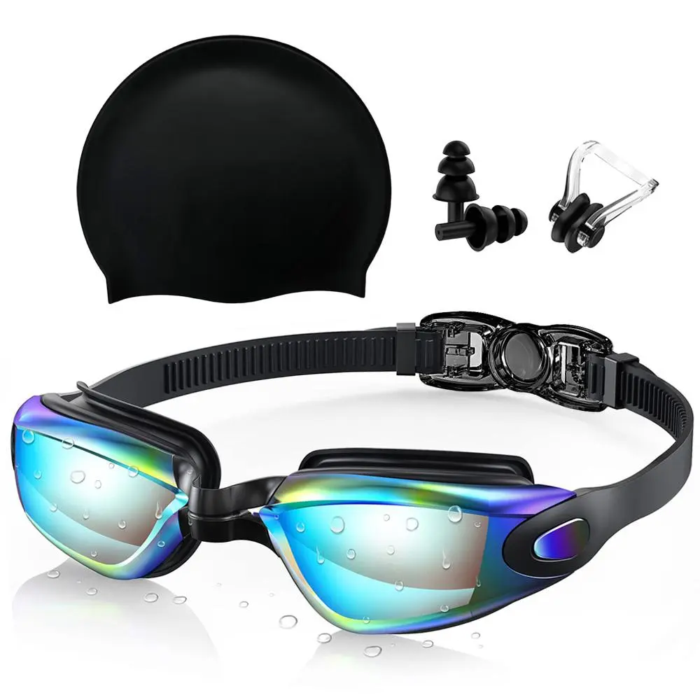 Swimming Goggles & Silicone Swimming Cap Set With Nose Clip Earplugs, 1 Set Swimming Accessories Waterproof No Leaking Anti Fog UV Protection Safety Glasses Cool Swimming Goggles