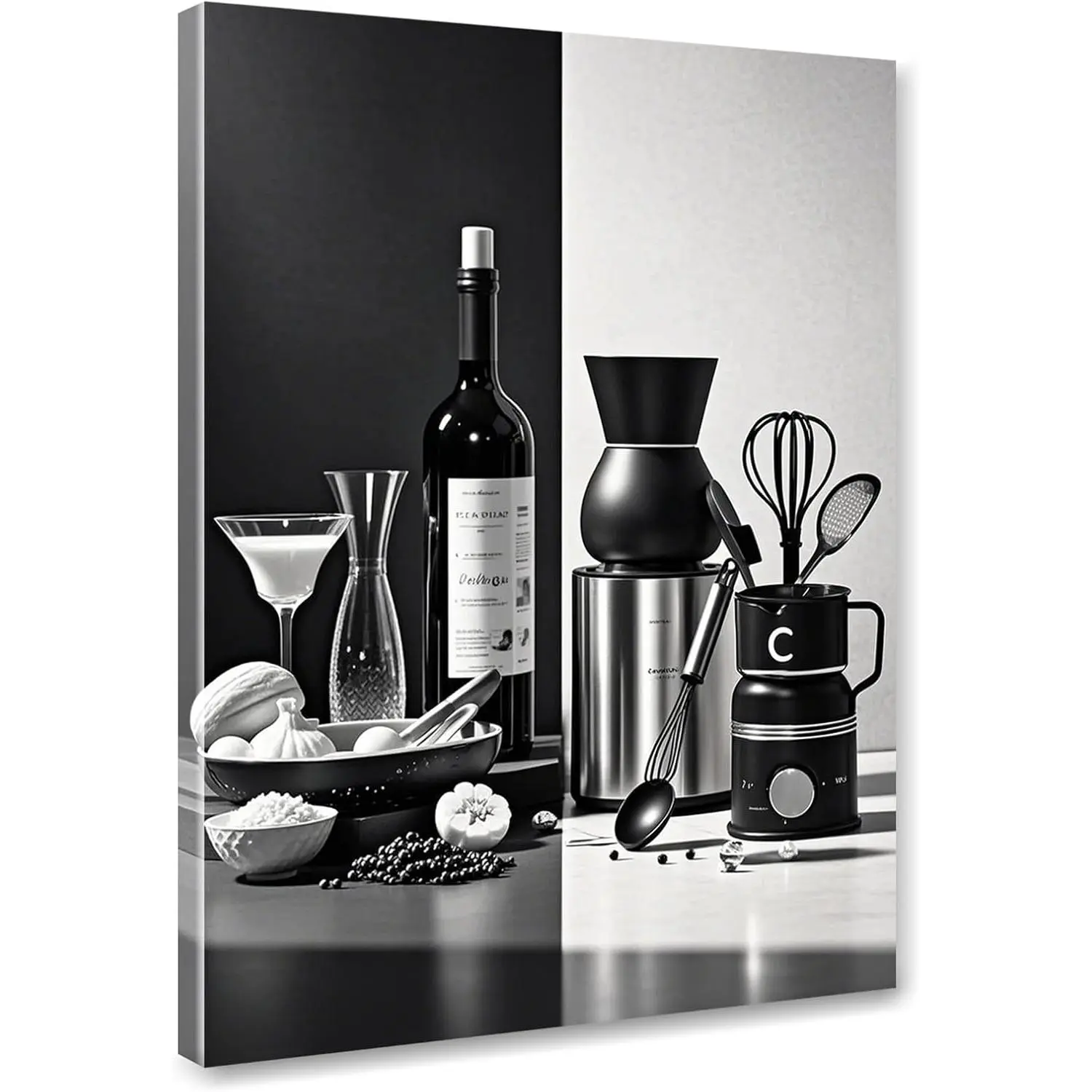 12x16 in Framed Black and White Kitchen Canvas Artwork, Wine Bottle & Seasoning Spoon Themed Poster Print, Home Decor for Kitchen, Dining Room