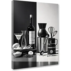 Black and White Kitchen Canvas Wall Art Dining Room Wall Decor Wine Bottle Seasoning Spoon Kitchen Picture Poster Prints Artwork Painting Dining Room Restaurant Bar Home Decorations 12x16 Inch Framed