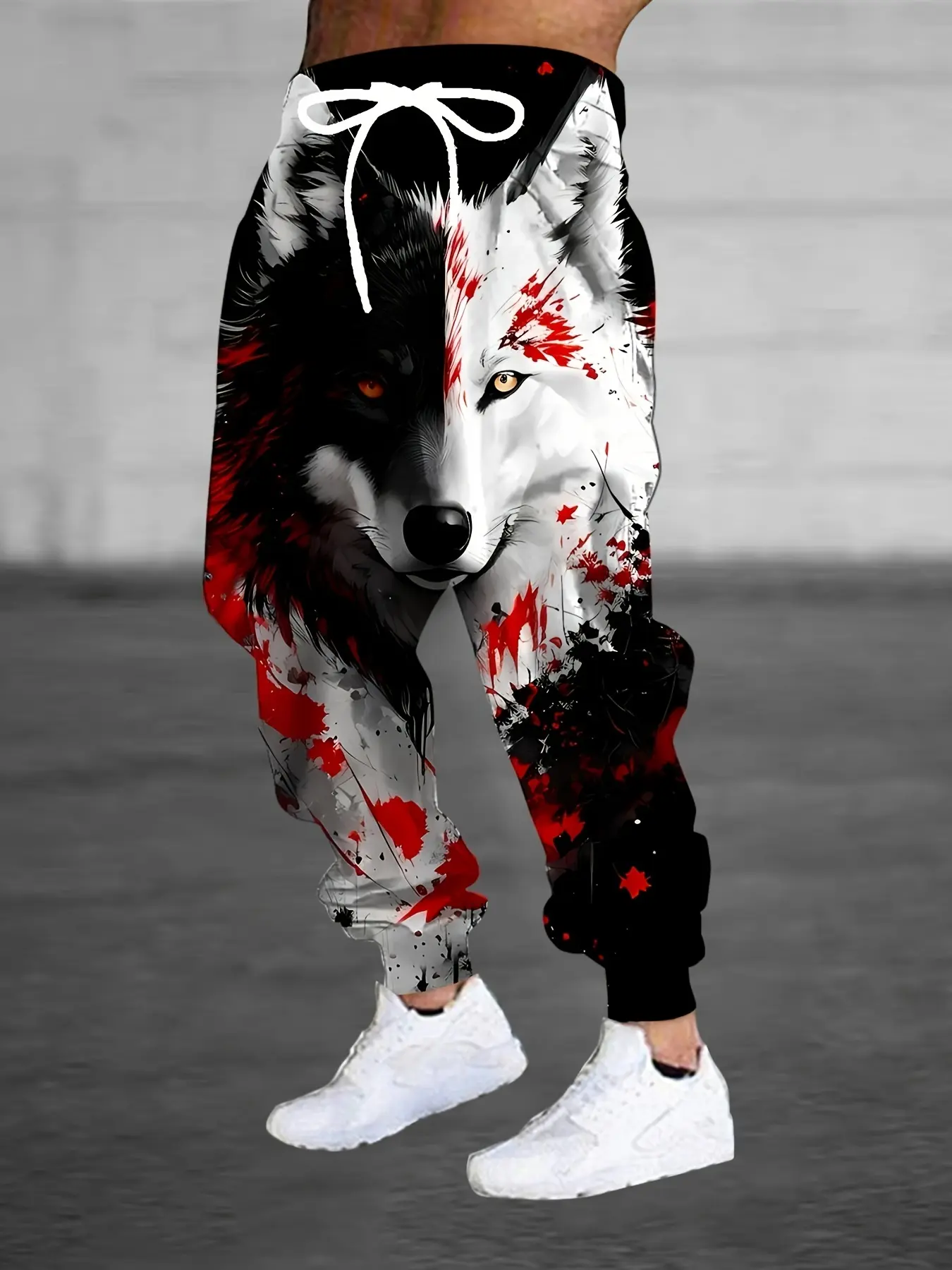 Fashion Design Men's 3D Black and White Wolf Printed Sports Trousers Drawstring and Pocket Fashion Trousers Casual Sporty Trousers Casual Street Trousers Casual Fashion Bottoms Casual Streetwear Bottoms