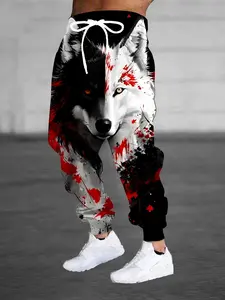 Fashion Design Men's 3D Black and White Wolf Printed Sports Trousers Drawstring and Pocket Fashion Trousers Casual Sporty Trousers
