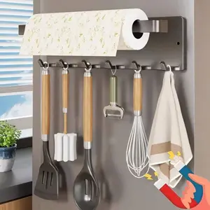 Magnetic Side Storage Rack, Kitchen Paper Holder, Towel Bar Hooks, Suitable For Refrigerator And Washing Machine Sides, Carbon Steel Material
