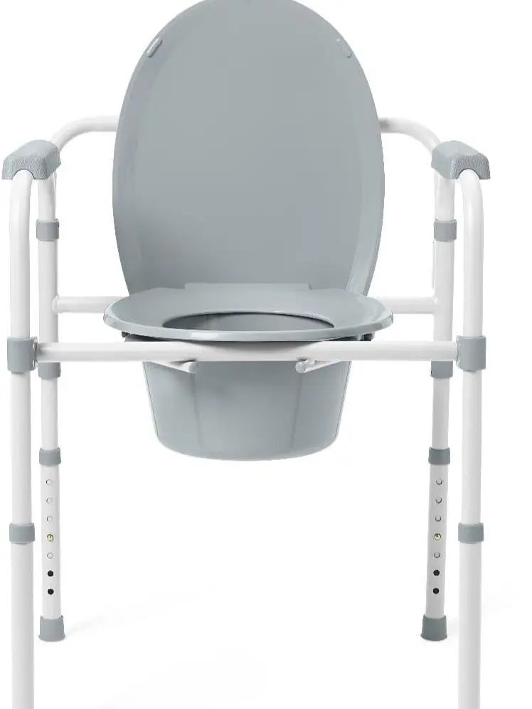 3-in-1 Bedside Commode Chair with Elongated Seat – Steel Folding Frame, 7.5 QT Bucket, 350 lb Weight Capacity, Clip-On Toilet Seat, Bathroom Safety Aid for Seniors, Tool-Free Assembly