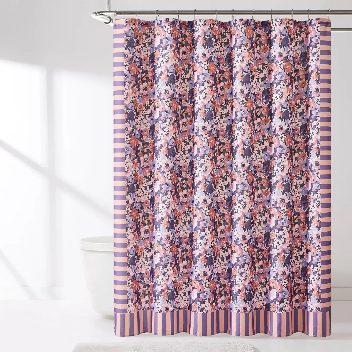 Lush Decor Alicia Camo Floral Shower Curtain 72x72 Botanical Pattern with Striped Border Easy Care Machine Washable