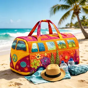 Unisex Boho Quilted Weekender Travel Bag, Hippie VW Bus Design, Lightweight Duffle Bag for Weekend Getaways, Perfect Mother's Day Gift for Her