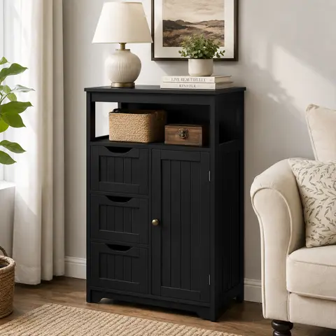 Costoffs Multi-Purpose Freestanding Storage Cupboard - Quick Access Cabinet, House Furniture, Wood Top Cabinet, Organizer Storage Dresser with 3 Drawers, Adjustable Shelves, Anti-Tipping Design for Bathroom, Bedroom