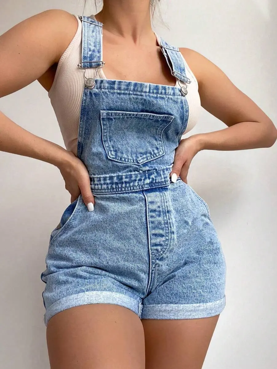 ELIEEN Plus Size Washed Denim Bib Pants, Fashionable For Summer